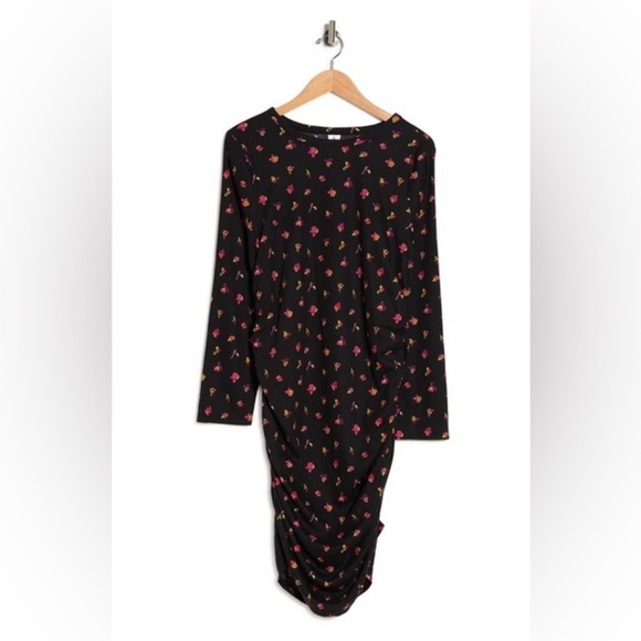 Abound Dresses & Skirts - Abound Black Long Sleeve Rouched Dress Red Rose Print